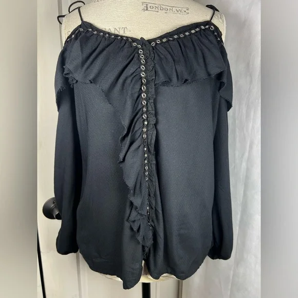 PAIGE Journee Tie Shoulder Blouse Grommets and Ruffle Detail Black Size Medium - Picture 3 of 11